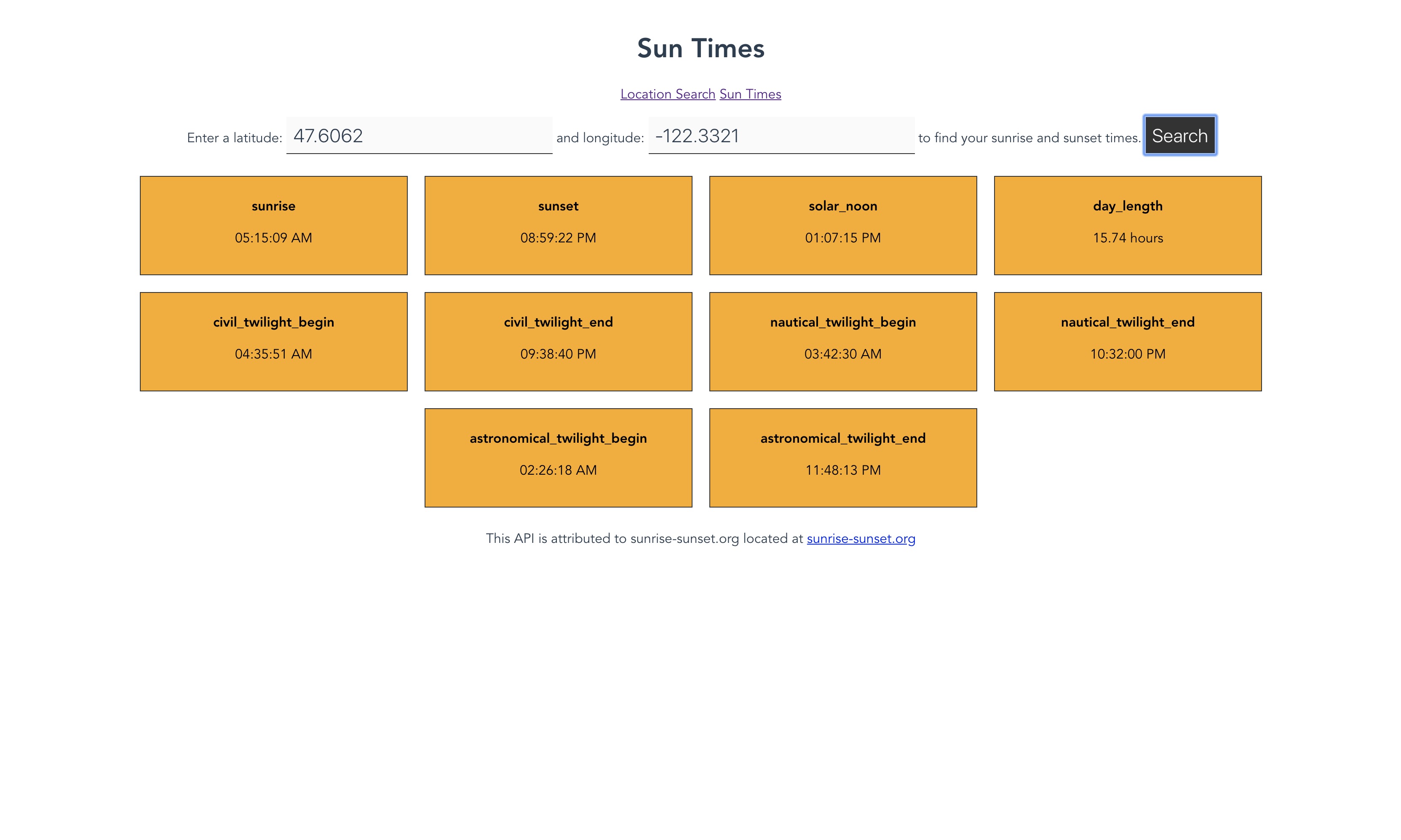 A results page in the Sun Times Project